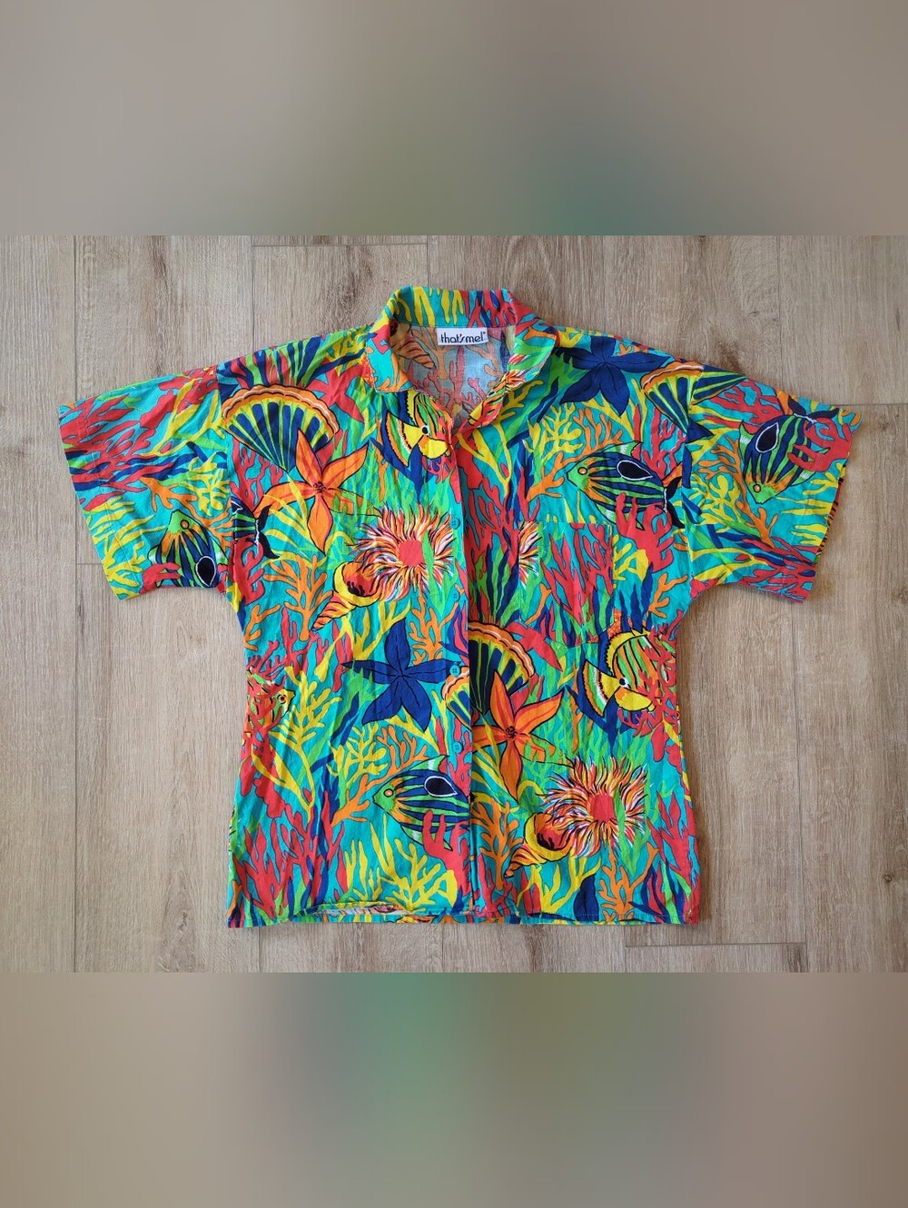 Vintage Aquarium Core Colorful Coral Reef Button Up Short Sleeve Collared